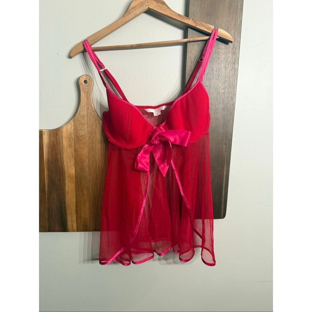 Victoria's Secret Mesh Satin Trim Front Bow Chemise Lingerie Red Hot Pink Medium